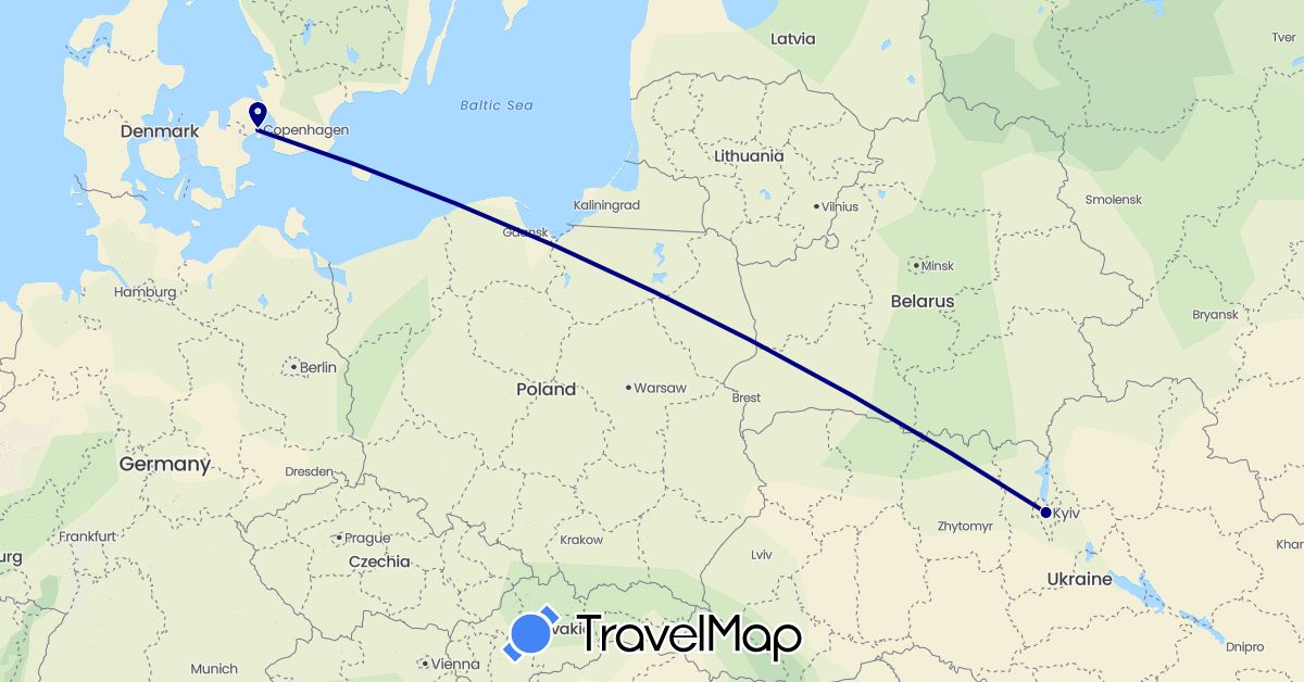 TravelMap itinerary: driving in Denmark, Ukraine (Europe)